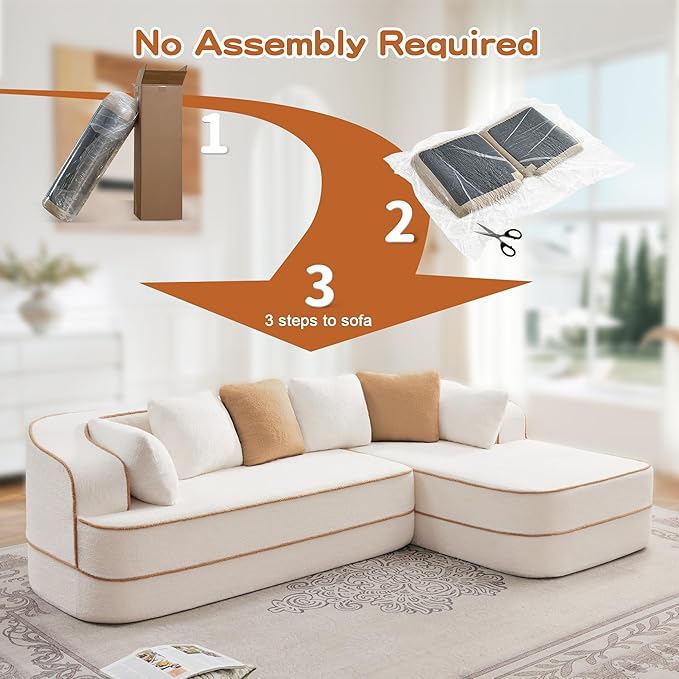 Cloud Sectional Sofa Modern Boneless Couch for Living Room, Comfy Deep Seat Comfy Teddy Fabric Double Sofa Chaise No Assembly Required (White, 106" L Shape with Right Facing)