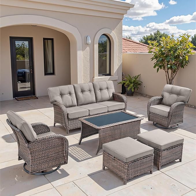 6-Piece Rotating Balcony Chair Set with 31-inch T-Shaped Wide backrest - Rattan Outdoor Rotating Balcony Chairs, Wide backrest Comfortable Outdoor Sliding Chair - Brown | Grey