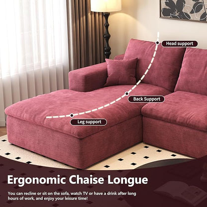 136.6'' U-Shaped Modern Modular Sectional Cloud Couch Whit Ottoman, 4-Seat Chenille Deep-Seat Sofa with Pillow for Living Room, Bedroom, Apartment, Wine Red