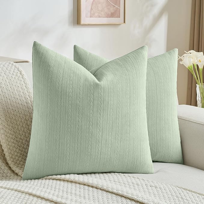 FUTEI Sage Green Decorative Throw Pillow Covers 26x26 Inch Set of 2,Soft Cozy Wheat Ear Striped Patterns Euro Pillow Shams,Modern Home Decor for Couch Bed Living Room