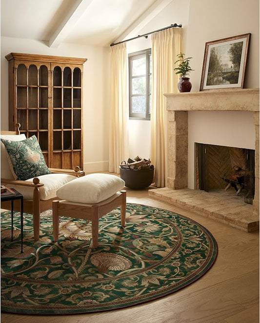 RUGGABLE x Morris & Co Machine Washable Area Rug– Lodden Soft Evergreen & Gold 6 ft Round, Stain-Resistant, Non-Slip–Medium Rug for Living Room, Bedroom, Hallway, Entryway & Office–with Cushioned Pad