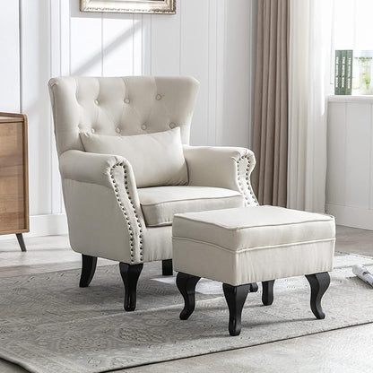 chairus Mid-Century Modern Accent Chairs with Ottoman Set of 2, Comfy Linen Single Sofa Chair Button Tufted Wingback Armchairs with Pillow for Living Room/Bedroom/Club - Beige