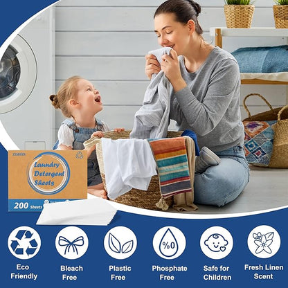 Laundry Detergent Sheets 200 Sheets, Fragrance-Free, Eco-Friendly, Plastic-Free, Hypoallergenic, Liquidless Washing Supplies for Dorm Travel Camping, 200 Loads