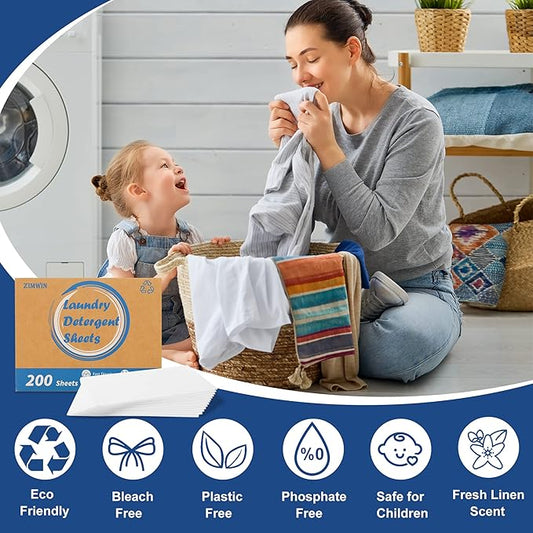 Laundry Detergent Sheets 200 Sheets, Fragrance-Free, Eco-Friendly, Plastic-Free, Hypoallergenic, Liquidless Washing Supplies for Dorm Travel Camping, 200 Loads