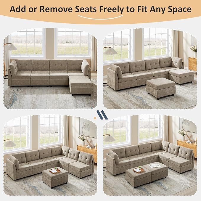 VANOMi 6 Seat Modular Cloud Sofa, 118" Convertible Sectional Cloud Sofas & Couches for Living Room, Comfy Chenille Sectional Couch Sofa for Living Room, Apartment, Office, Camel, L/U Shaped