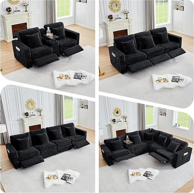 ORRD Power Reclining Sectional Sofa, Electric 3 Seat Recliner with 3 Electric Footrest and Adjustable Headrest, Modern Plush Corduroy Fluffy Reclining Sectional with Deep Seat for Living Room-Black