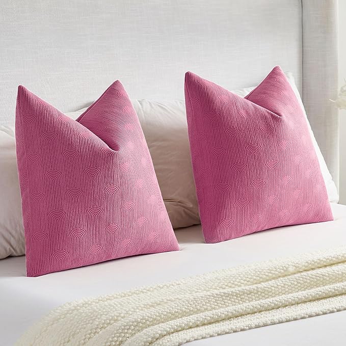 FUTEI Hot Pink Chenille Decorative Throw Pillow Covers 22x22 Inch Set of 2,Soft Cozy Striped Geometric Patterns Cushion Cases,Modern Home Decor for Couch Bed Living Room