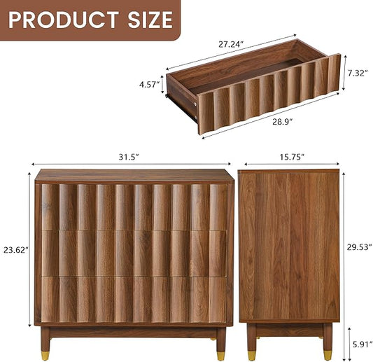Fluted 3 Drawer Dresser, 31.5" Wide Modern Storage Chest of Drawers, Wood Drawer Organizer for Bedroom, Living Room, Hallway