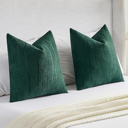 FUTEI Dark Green Chenille Decorative Throw Pillow Covers 26x26 Inch Set of 2,Soft Embossed Striped Textured Euro Pillow Shams,Modern Home Decor for Couch Bed Living Room