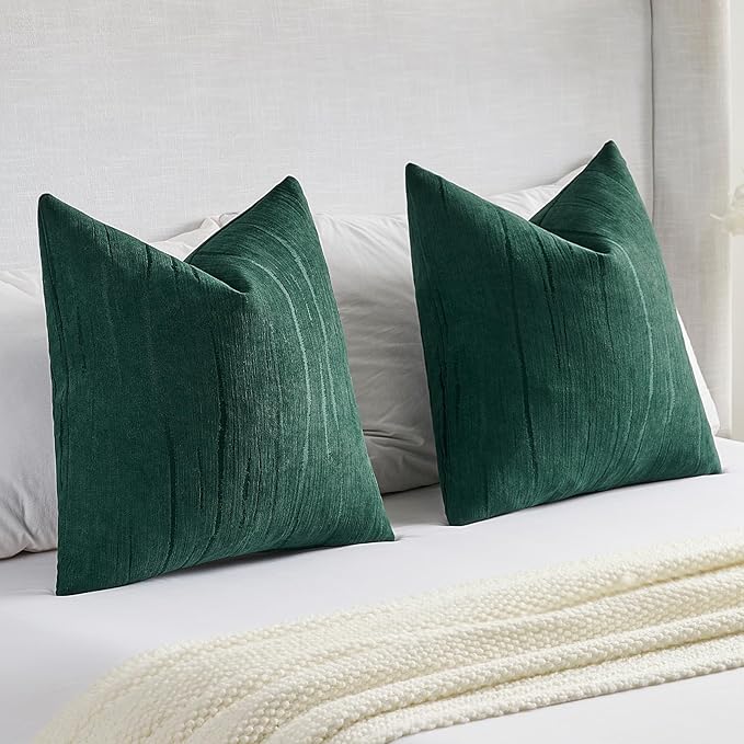 FUTEI Dark Green Chenille Decorative Throw Pillow Covers 18x18 Inch Set of 2,Soft Embossed Striped Textured Cushion Case,Modern Home Decor for Couch Bed Living Room