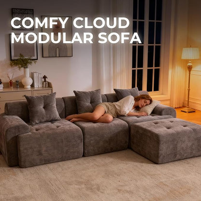 129.23”Modular Sectional Couch for Living Room, Modren L-Shape Cloud Sectional 4-Seater Sofa with Movable Ottoman, Woven Texture Upholstery Boneless Couch, No Assembly, Grey