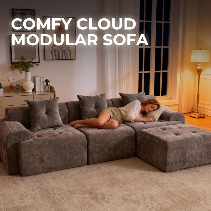 129.23”Modular Sectional Couch for Living Room, Modren L-Shape Cloud Sectional 4-Seater Sofa with 2 Movable Ottomans, Woven Texture Upholstery Boneless Couch, No Assembly, Grey