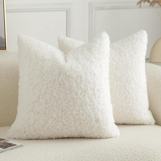 Pack of 2 Curly Teddy Wool Faux Fur Throw Pillow Covers Fuzzy Accent Soft Sherpa Pillowcases Sheepskin Fleece Decorative Cushion Case for Sofa Couch Living Room 20x20 Inch Neutral White