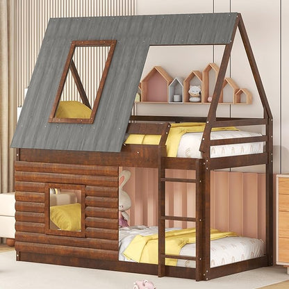 Wood Twin Size House Bunk Bed with Roof Ladder and 2 Windows,Floor Bedframe Low Bed Frame for Boys Girls Kids Teens Bedroom,Oak & Smoky Grey,Easy to Install,Brown