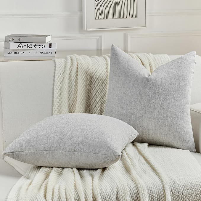 FUTEI Light Grey Chenille Decorative Throw Pillow Covers 18x18 Inch Set of 2,Soft Cozy Faux Linen Textured Cushion Case,Farmhouse Home Decor for Couch Living Room