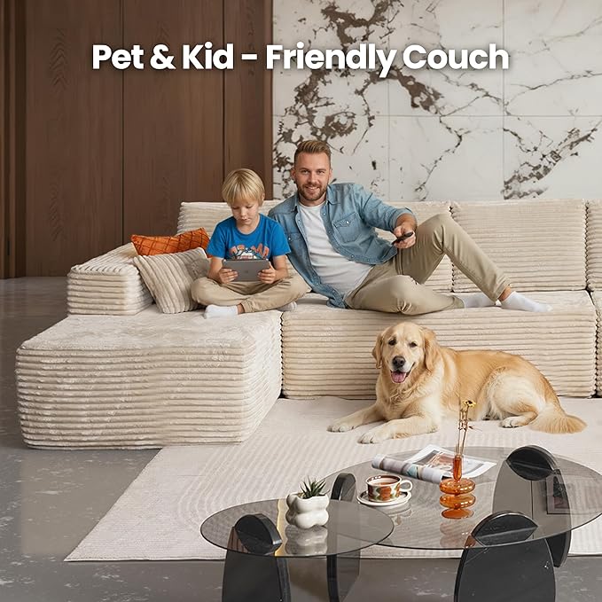 Cloud Sectional Couch with Chaise, Boneless U-Shaped Cloud Couch with Deep Seat, Soft Plush Modern Minimalist Sofa, Assembly Free Modular Floor Sofa for Office Living Room Apartment, Beige