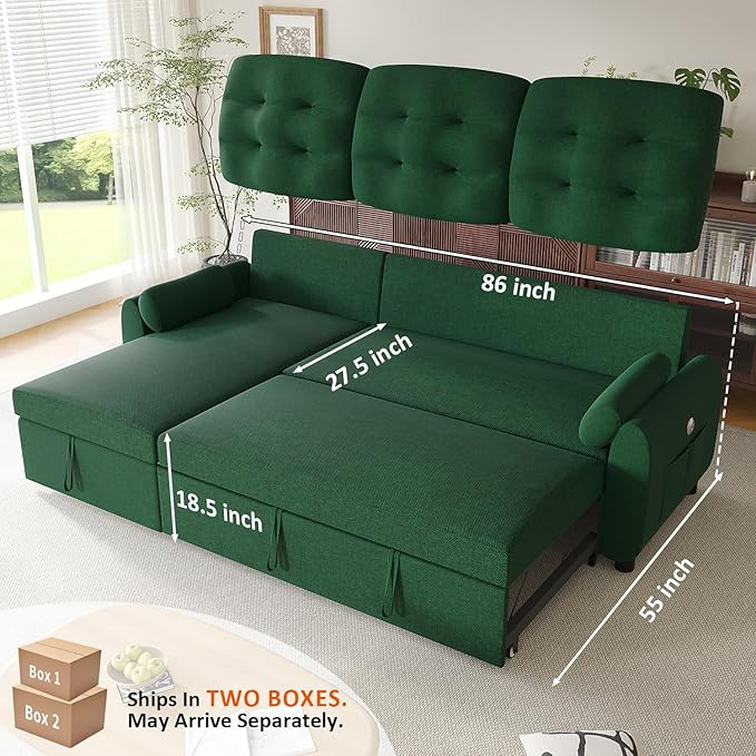 Ucloveria Sleeper Sofa Bed, 86" Convertible Sectional Sofa Couches for Living Room, Pull Out Couch Bed with Reversible Storage Chaise | USB Ports | Side Pockets | Removable Backrest