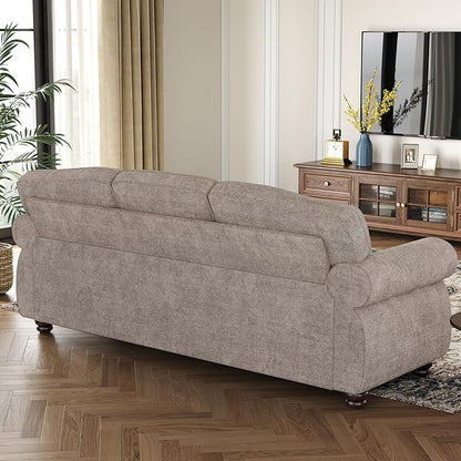 ONBRILL 90 Inch Nailhead Trim Couch for Living Room, 23 Inch Deep Seat Rolled Arm Sofa, Comfy Upholstered 3 Seater Chenille Couch w/Wooden Leg, Large Traditional Sofa for Farmhouse, Beige