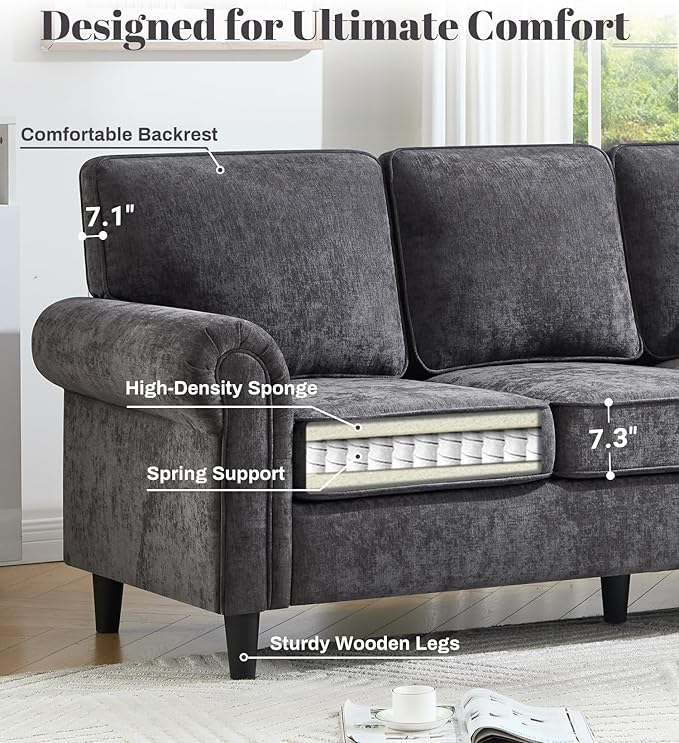 Kingfun 3 Seater Couch, Mid Century Modern Sofa with Rolled Arms and Deep Seats, Fluffy Comfort for Living Room, Apartment, Easy Assembly, Gray