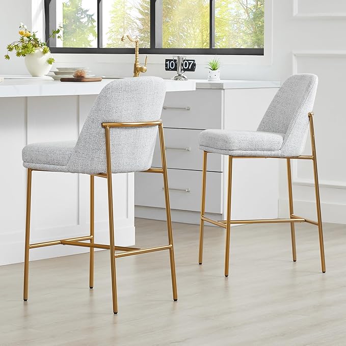 CHITA Counter Height Bar Stools Set of 2, FSC Certified Metal Barstools for Kitchen Island, 27" H Seat Height, Fabric, Light Grey (Multi-Colored)