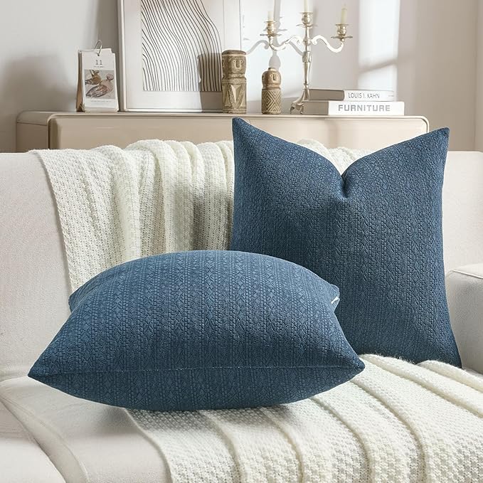 FUTEI Navy Blue Chenille Throw Pillow Covers 22x22 Inch Set of 2,Soft Striped & Diamond Textured Cushion Cases,Modern Home Decor for Couch Living Room