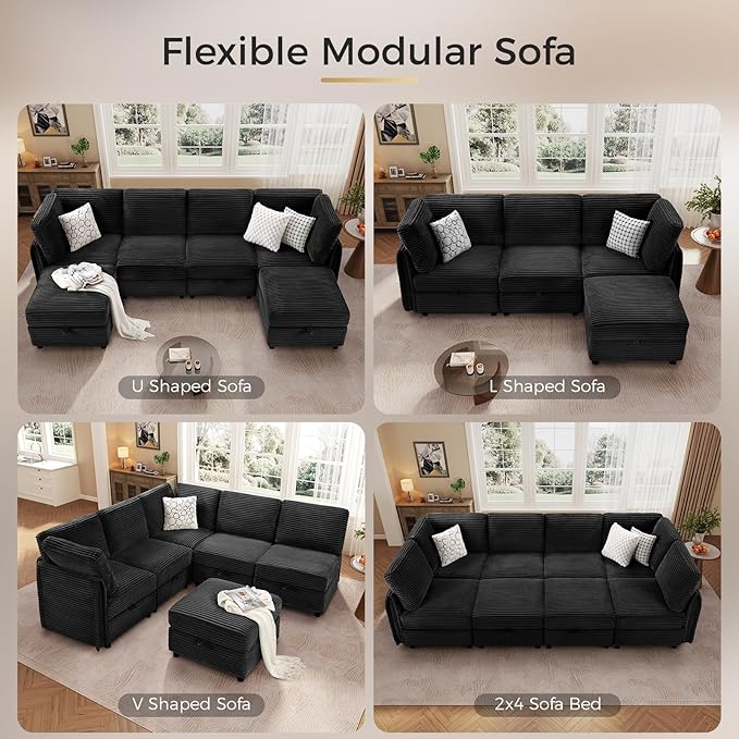 KKL Modular Sectional Sofa L-Shaped 4 Seater Couch with Storage Ottoman, Plush Wide-Wale Corduroy Couch for Living Room, Apartment, Modern Design, Black