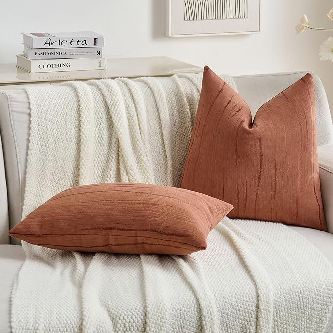 FUTEI Rust Chenille Decorative Throw Pillow Covers 22x22 Inch Set of 2,Soft Embossed Striped Textured Cushion Case,Modern Home Decor for Couch Bed Living Room