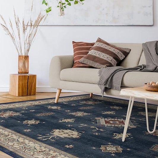 RUGGABLE Washable Vintage Area Rug – Verena Sapphire 10x14, Stain-Resistant, Non-Slip – Large Machine Washable Rugs for Living Room, Bedroom, Hallway, Entryway & Office–with Standard Pad