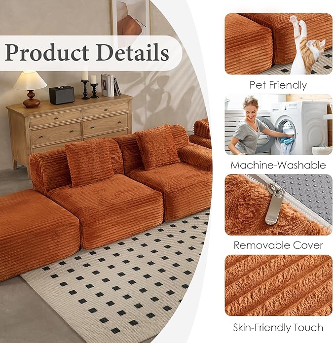 VK·LIVING 113" Cloud Sectional Couch, 61.6" Deep Seat Boneless Modular Sofa with Wide Armrests, Plush Corduroy Memory Foam Couch for Living Room, No Assembly, Orange