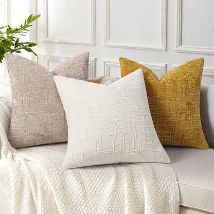 decorUhome Mustard Yellow Chenille Throw Pillow Covers 26x26 Set of 2 Thick Textured Slubby Couch Pillow Covers Farmhouse Accent Modern Neutral Decorative Pillow Cases for Bed Sofa Living Room