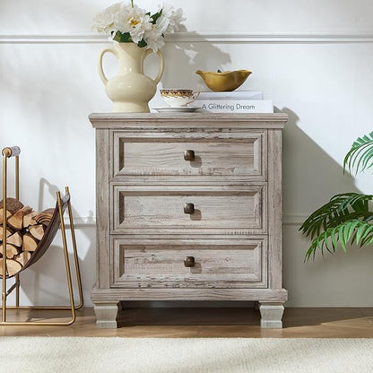 Farmhouse Nightstand Set of 2, Rustic Accent End Table with 3 Drawers & 4 Square Solid Wood Legs, Vintage Bed Side Table with Storage, Small Dresser for Bedroom, Living Room, Grey