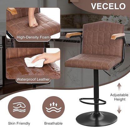 VECELO Bar Stools Set of 2, Adjustable Upholstered Swivel Barstools, Modern Counter Height Bar Stools with Back and Footrest, Island Chairs for Kitchen, Dining Room, Bar