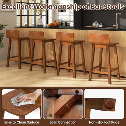 COSTWAY Solid Wood Bar Stools Set of 4, 24.5-inch Counter Height Chairs with Low Back and Footrest, Farmhouse Wooden Armless barstools for Kitchen Island, Dining Room, Cafe, Breakfast, Brown
