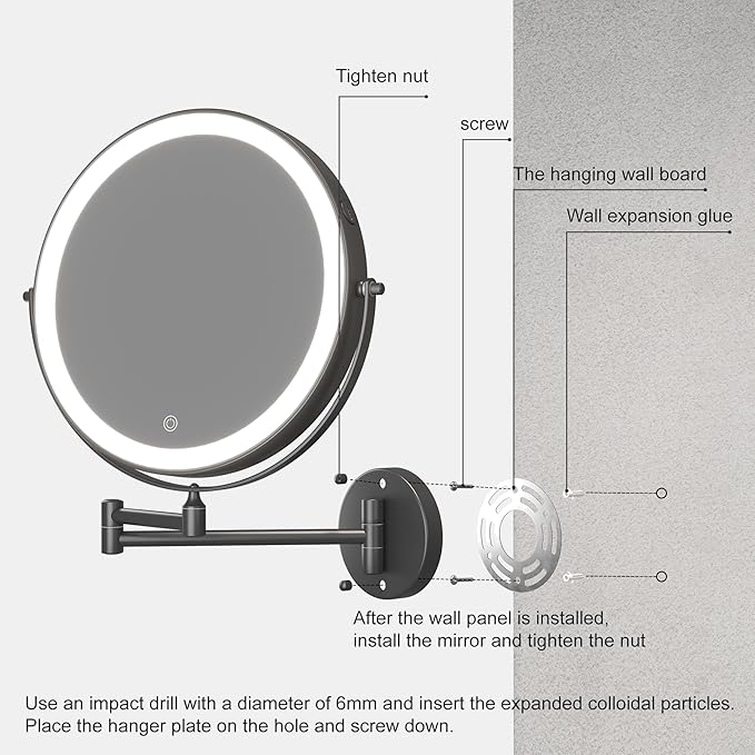 Hasipu 8.5-Inch Wall Mounted Makeup Mirror with Magnification, Rechargeable 2000 mAh Vanity Mirror with Lights, Bathroom Mirror with Dimmable Brightness, 3 Lighting Modes, Extendable Arm, Black