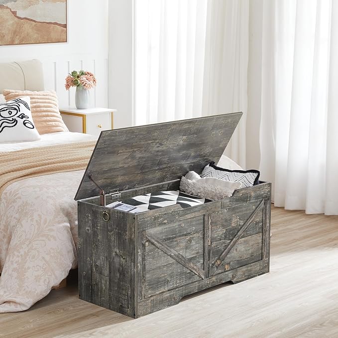 HOOBRO Storage Bench, 39.4” Retro Wooden Storage Chest with U-Shaped Cut-Out Pull, Safety Hinge, Supports 220 lb and Easy Assembly for Toy Box Organizer (Vintage Gray) VP771CW01