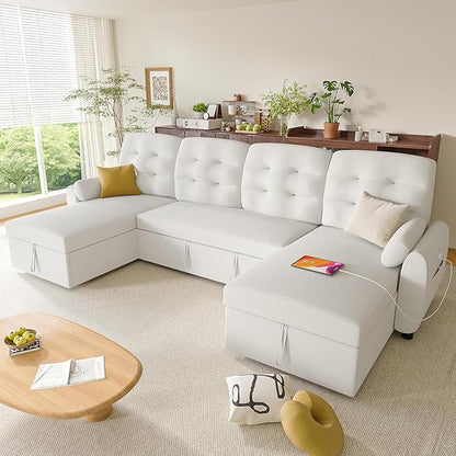 Ucloveria Sleeper Sofa Bed, 112" U Shaped Sectional Sofa Couches for Living Room, Pull Out Couch Bed with Dual Reversible Storage Chaise | Charging Station | Side Pockets | Removable Backrest