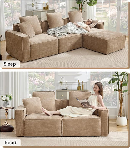 WILLOVE 109'' Modular Sectional Sofa, Chenille Cloud Couch with Wide Armrests & 5 Pillows, Deep Seat Couches for Living Room, Khaki