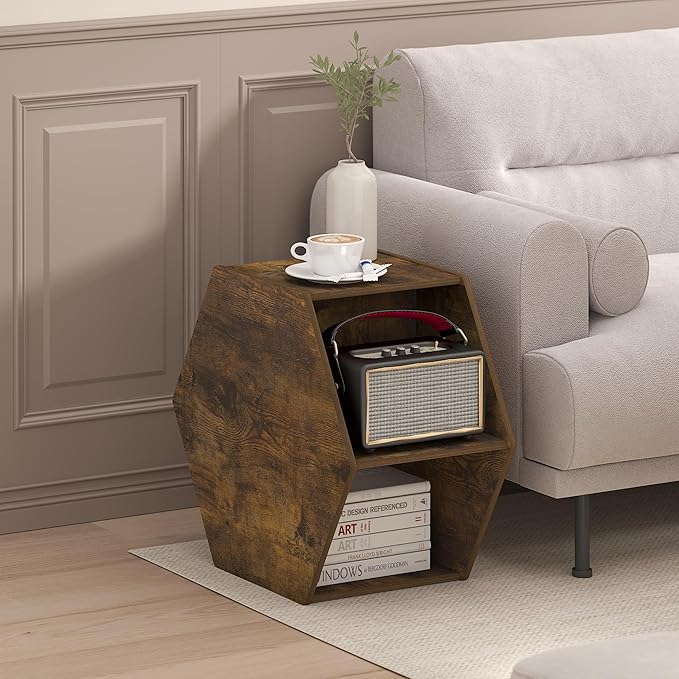 Furinno Simple Design Coffee Table, Hexagon Modern Coffee Table with Open Shelf, Vertical or Horizontal Side Table, for Living Room, Bedroom, Home Office, Amber Pine