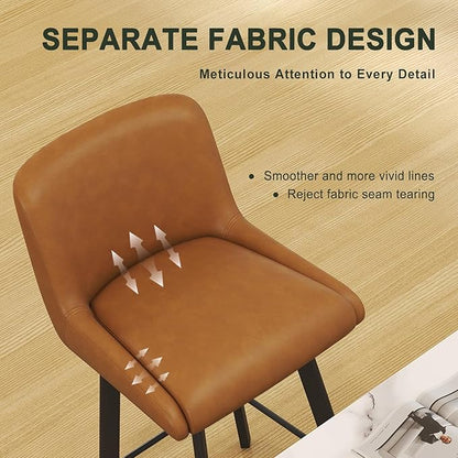 Swivel Counter Height Bar Stools Set of 6, 26''H Upholstered Barstools with Backs, Modern Bar Stool Chairs for Kitchen Island, Metal Legs, Faux Leather, Whiskey Brown Stools Counter Chair