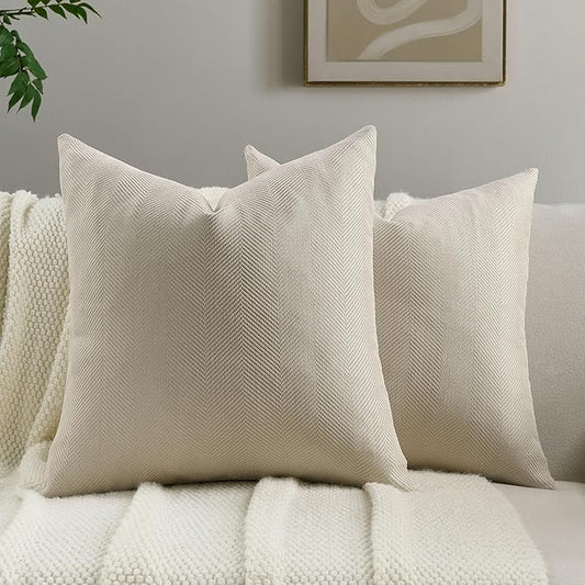 FUTEI Beige Chenille Throw Pillow Covers 22x22 Inch Set of 2,Soft Wide Chevron Textured Cushion Case,Farmhouse Home Decor for Couch Bed Living Room