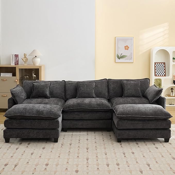 111'' Sectional Cloud Deep Seat Couch, Oversized Chenille U Shaped Sectional Sofa for Living Room Set, Comfy Upholstered Modular 5-Seats Sectional Sofa Couch with 2 Movable Ottoman, Dark Grey
