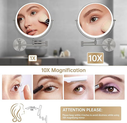 Hasipu 8.5-Inch Wall Mounted Makeup Mirror with Magnification, Rechargeable 2000 mAh Vanity Mirror with Lights, Bathroom Mirror with Dimmable Brightness, 3 Lighting Modes, Extendable Arm, Nickel
