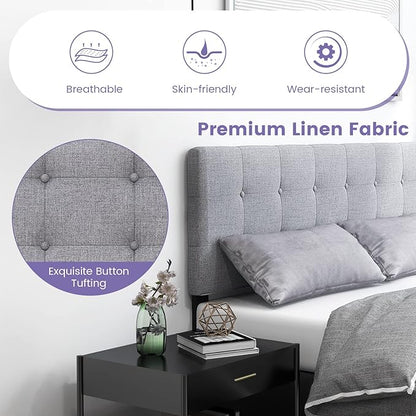KOMFOTT Linen Upholstered Headboard for Full & Queen Size Bed Frame, Modern Tufted Button Bed Headboard with Solid Rubber Wood Legs, Rectangular Headboard with Adjustable Width, Gray