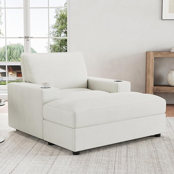Christopher Knight Home Zoe Oversized Chaise Lounge Chair Indoor with Cup Holders & USB Charging Port, Corduroy Upholstered Sofa Bed + Ottoman with Storage, Comfy Deep Seat Sleeper Sofa Chair, Beige