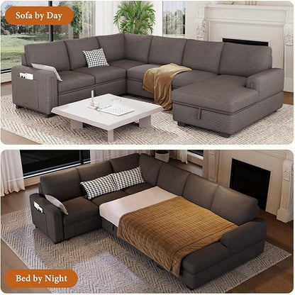 Vesgantti 113.6" Pull Out Sofa Bed with Chaise, 7 Seater U Shaped Sleeper Sofa with Storage Chaise, Corduroy Modular Sectional Couch for Living Room, Bedroom, Apartment, Light Coffee
