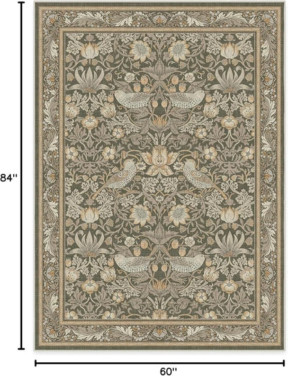 RUGGABLE x Morris & Co Machine Washable Area Rug – Strawberry Thief Stone Gold 5x7, Stain-Resistant, Non-Slip – Medium Rugs for Living Room, Bedroom, Hallway, Entryway & Office–with Cushioned Pad