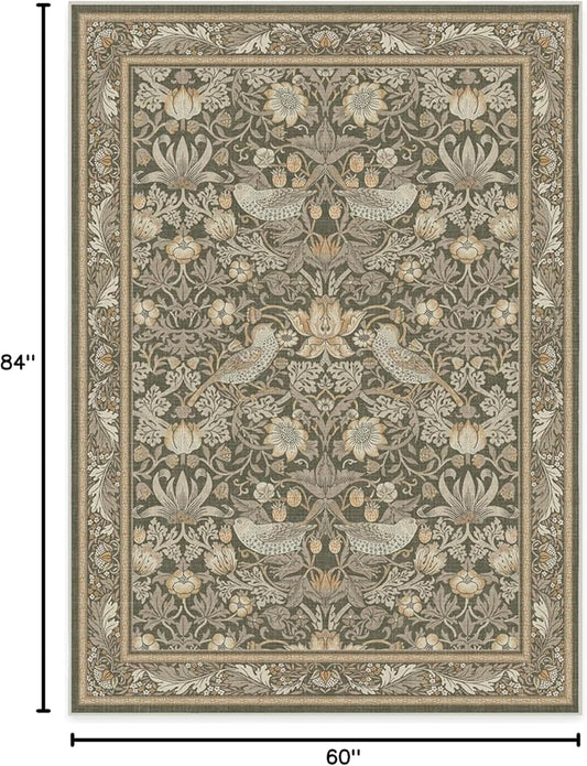 RUGGABLE x Morris & Co Machine Washable Area Rug – Strawberry Thief Stone Gold 5x7, Stain-Resistant, Non-Slip – Medium Rugs for Living Room, Bedroom, Hallway, Entryway & Office–with Cushioned Pad