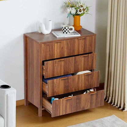 4 Drawer Dressers for Bedroom, Modern Closet Chest of Drawers with Waveform Fluted Panel, Large Wood Storage Dresser Organizer for Nursery Bedroom Living Room Hallway Closet, Walnut