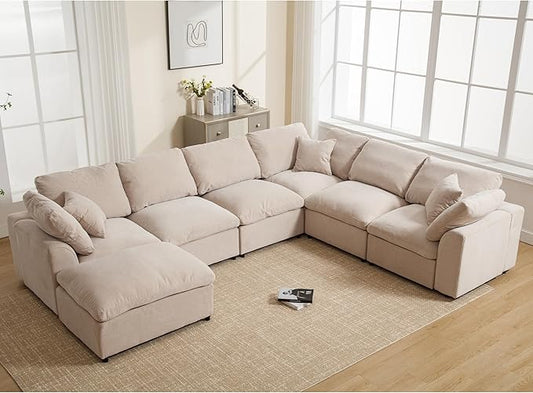 129.3" Oversized Modular Sectional Sofa, U Shaped Couch with Movable Ottoman, Large 7 Seat Corner Couches for Living Room, Spacious Space, Beige