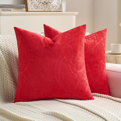 FUTEI Christmas Red Velvet Throw Pillow Covers 26x26 Inch Set of 2,Soft Embossed Leaf-Relief Textured Euro Pillow Shams,Natural Home Decor for Couch Living Room